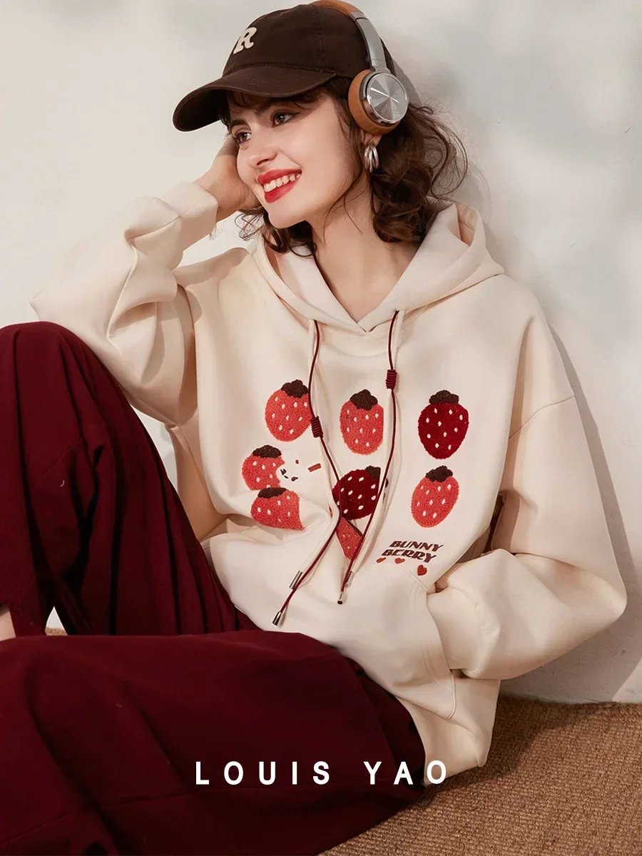 LOUIS YAO 2024 Spring Autumn Hooded Cartoon Embroidered Women's Hoodie Fashionable Age Reducing Casual Long Sleeved Loose Top