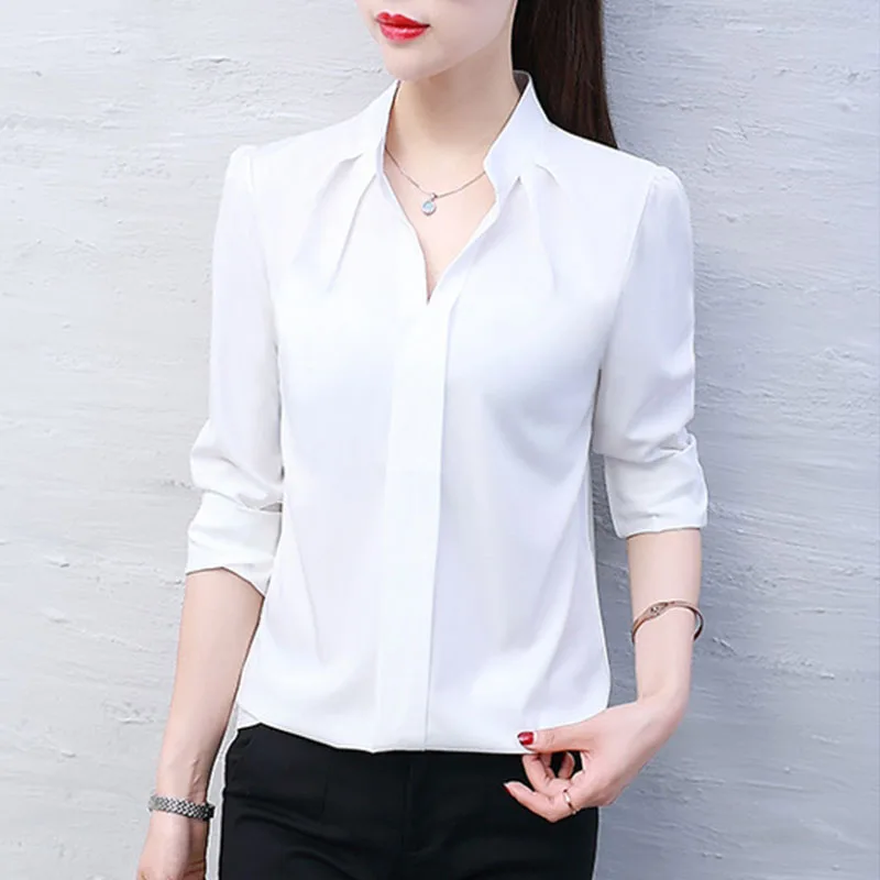 

Women V-Neck Blouses Solid Color Spring Autumn Elegant Streetwear Casual Ladies Long Sleeve Shirts Female Loose Pullover Tops