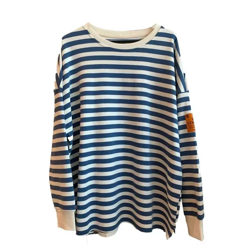 เสื้อยืดลายทางทรงหลวมสไตล์เกาหลี แขนยาว ใส่สบาย ทรงเข้ารูป แฟชั่นอเนกประสงค์ เหมาะสำหรับฤดูใบไม้ผลิและฤดูใบไม้ร่วง