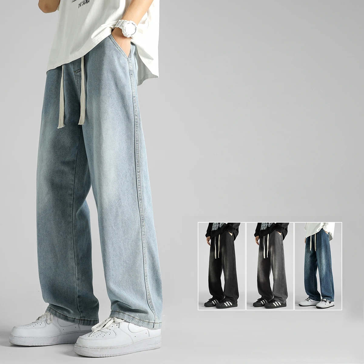 

Elastic Waist Design Baggy Jeans Men Straight Fashion Korean Men's Clothing Streetwear Youth Jogging Casual Denim Trousers