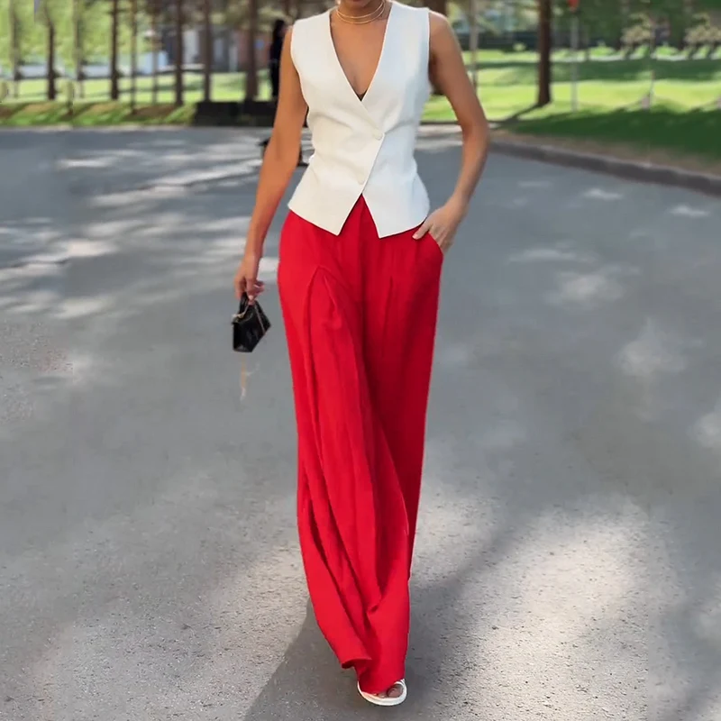 Wefads Women Summe Two Piece Set Office Simple Solid V Neck Sleeveless Single Breasted Button Tank Top Loose Wide Legs Pants Set