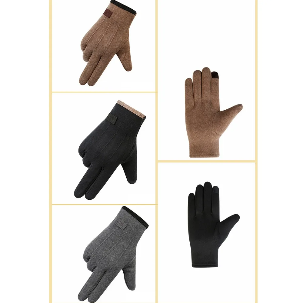 Suede Fabric Finger Gloves Double Sided Plush Warm Touch Screen Gloves Cold Prevention Windproof Warm Gloves Men's Style