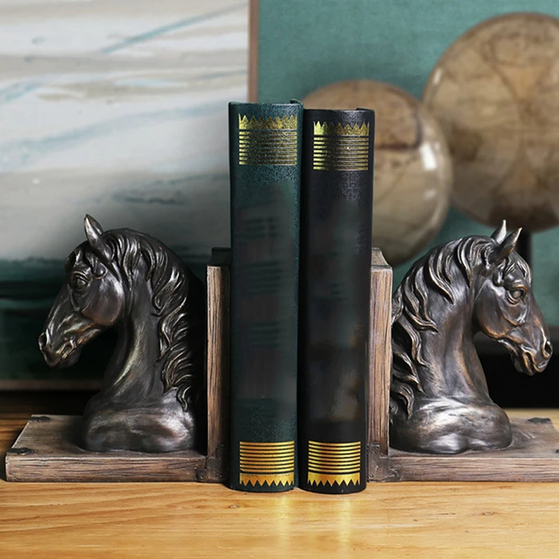 American Retro Horse Head Bookend Ornaments Resin Antique Figurines Home Book Shelf Decoration Book Stand Crafts