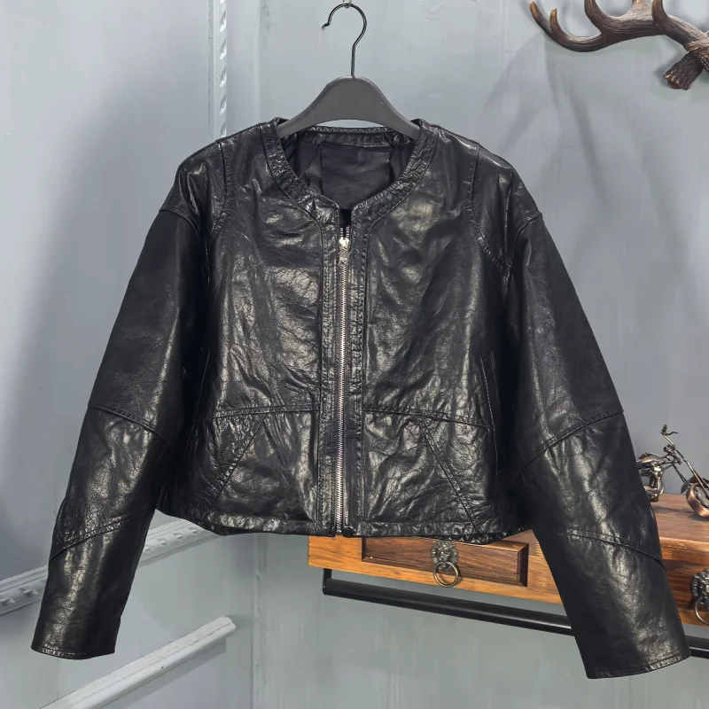 

Новая зимняя женская кожаная куртка-косуха с круглым воротом на молнии, из вощеной коровьей кожи, с наполнителем из гусиного пуха, повседневная, теплая