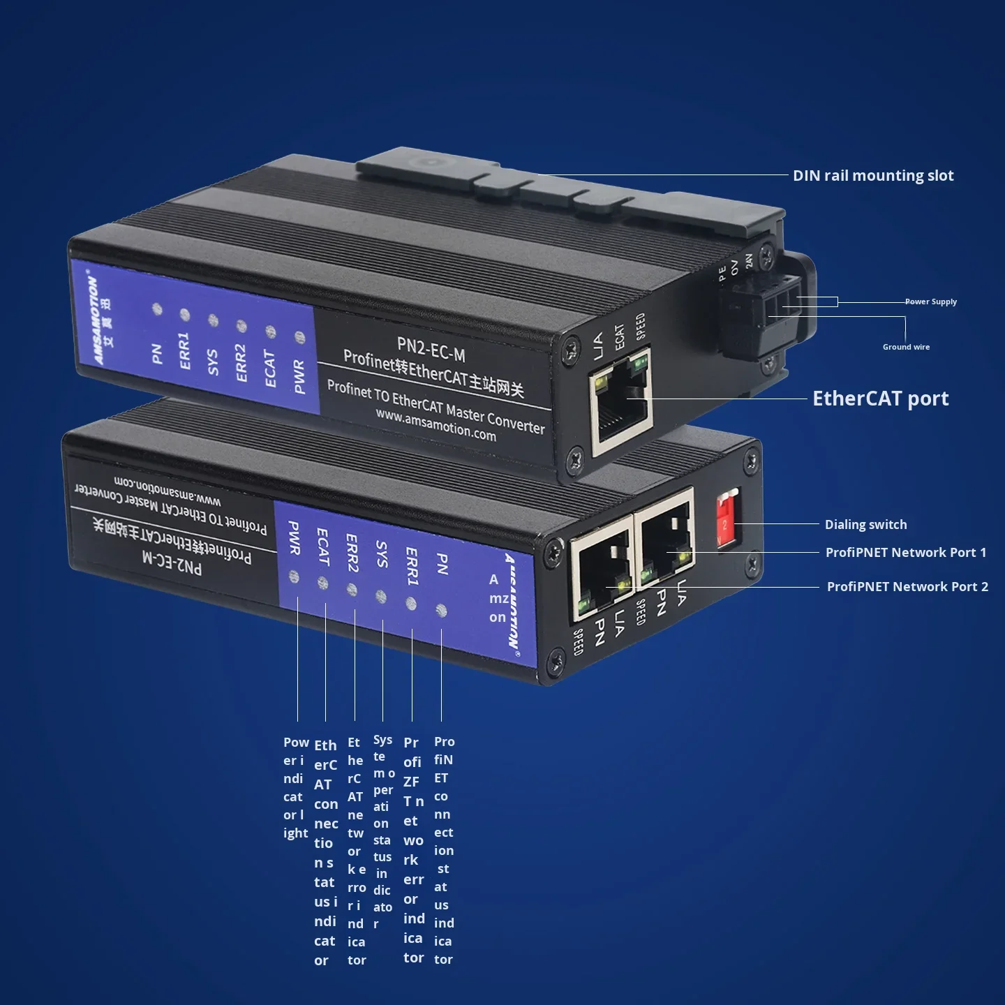 Industrial Profinet to EtherCAT Master-Slave Gateway Bus Protocol Conversion Module Amsamotion PN2-EC-S M