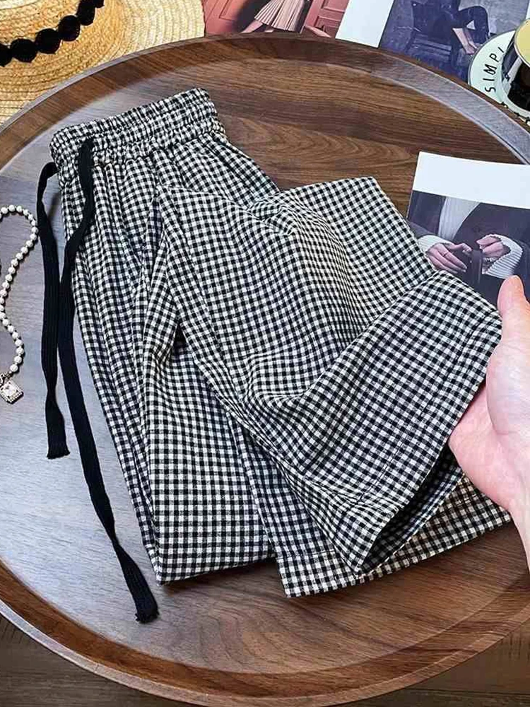Zoki カジュアル甘いチェック柄パンツ女性ハイウエストルーズヴィンテージ韓国ワイドレッグパンツ夏シンプルなレトロ女性すべて一致パンツ