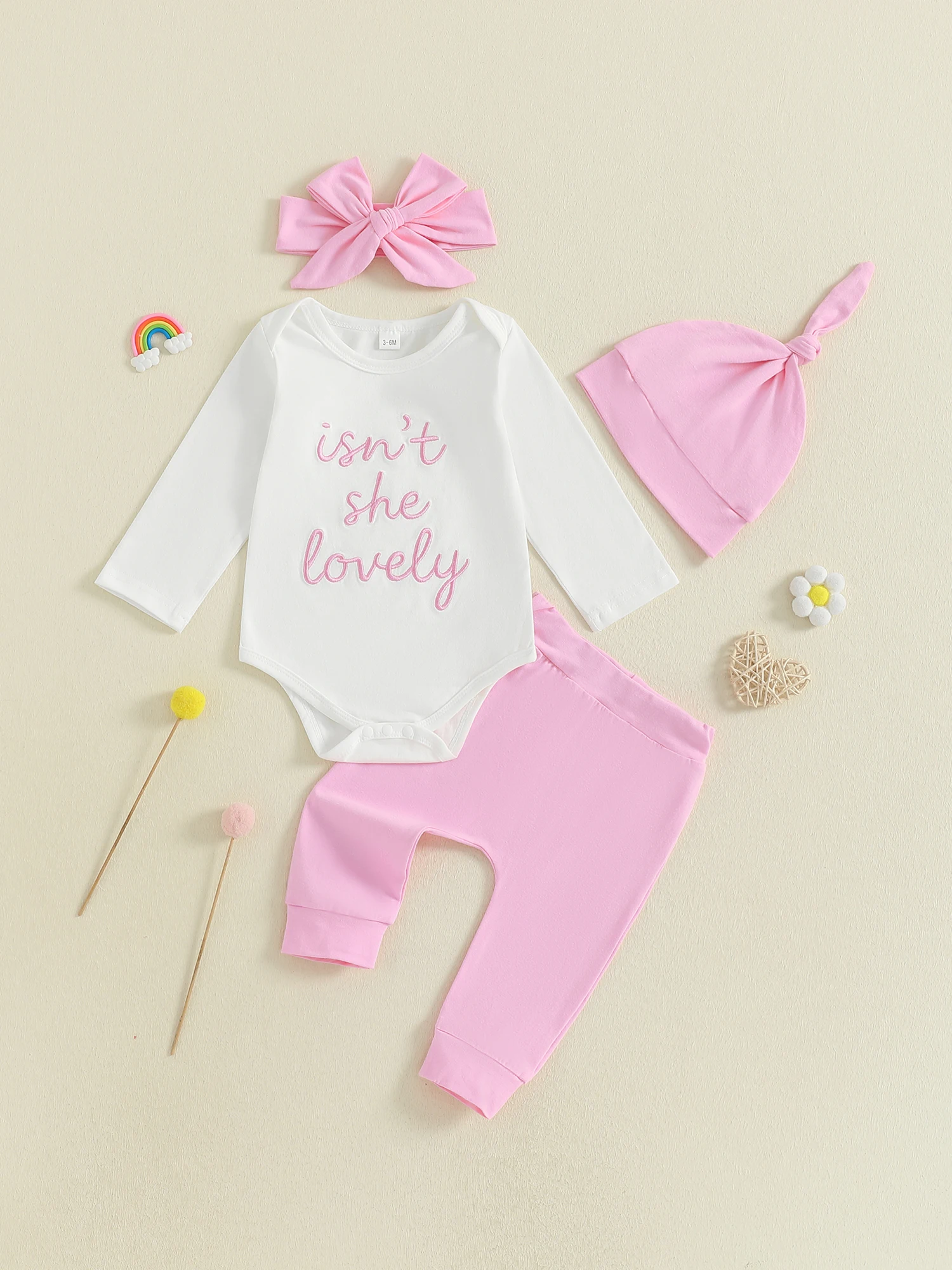 

Toddler Girls 4 Piece Clothing Set with Long Sleeve O Neck Jumpsuit Bow Headband Elastic Waist Pants and Hat Featuring