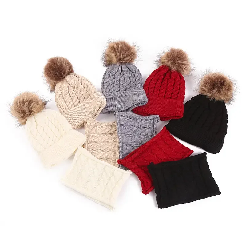 2pcs/set Children\'s Woolen Hat & Neck Scarf Set, Winter Solid Color Outdoor Cycling Thickened Warm Knitted Hat