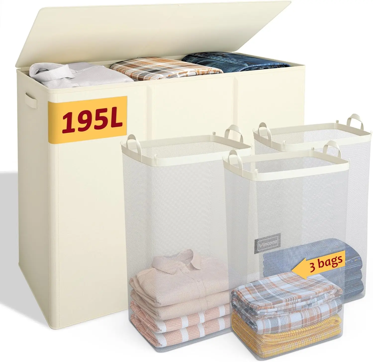 

Большая корзина для белья на 195 л с крышкой, 3 отделениями и съемными мешками, складной органайзер для домашнего использования