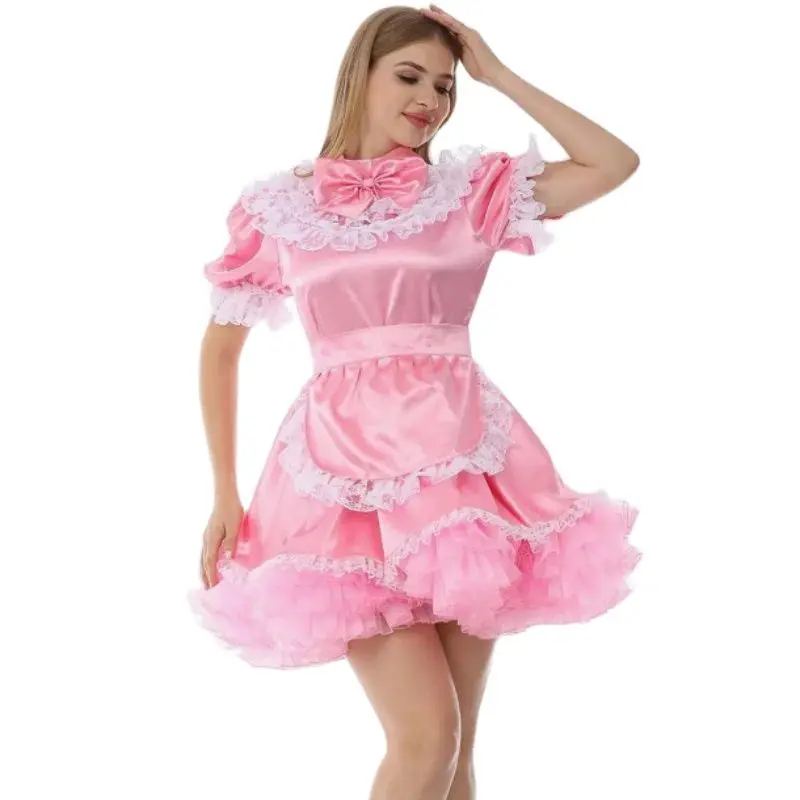 French Sexy Adult Customized Fetishist Crossdressing Sissy Pink Mid High Neck Bow with Lace Embedding on Chest and Fluffy Dress