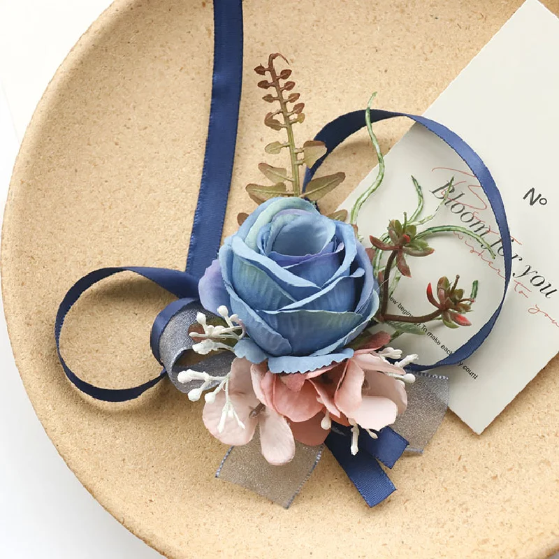 Бутоньерка и корсаж на запястье Свадебные принадлежности для гостей банкета искусственные цветы для невесты и жениха синий 527