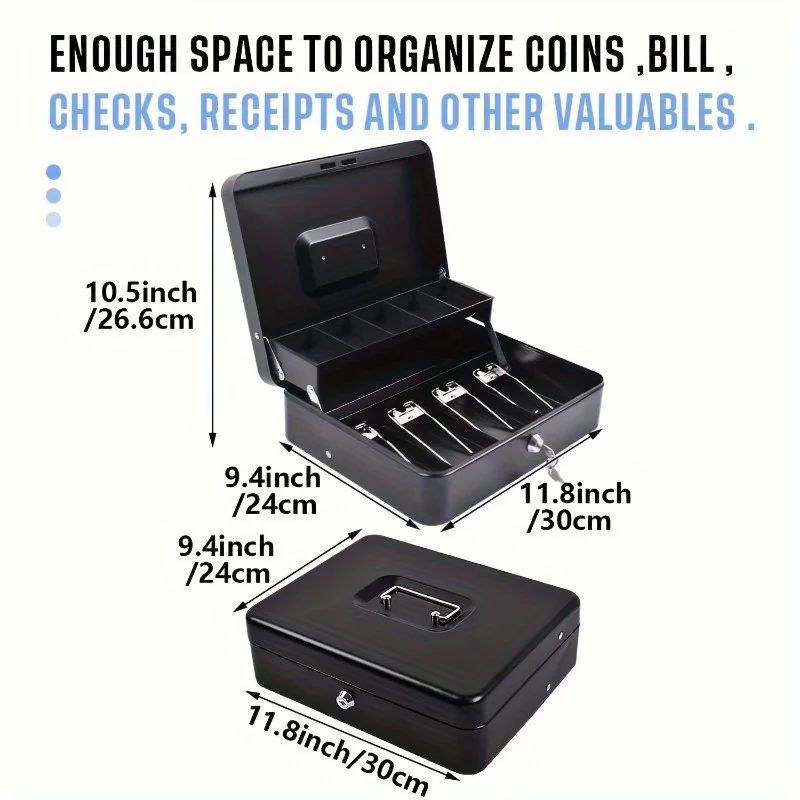 Locking Money Box - Steel Money Box with Organizer Tray, Portable Security Dual Keys