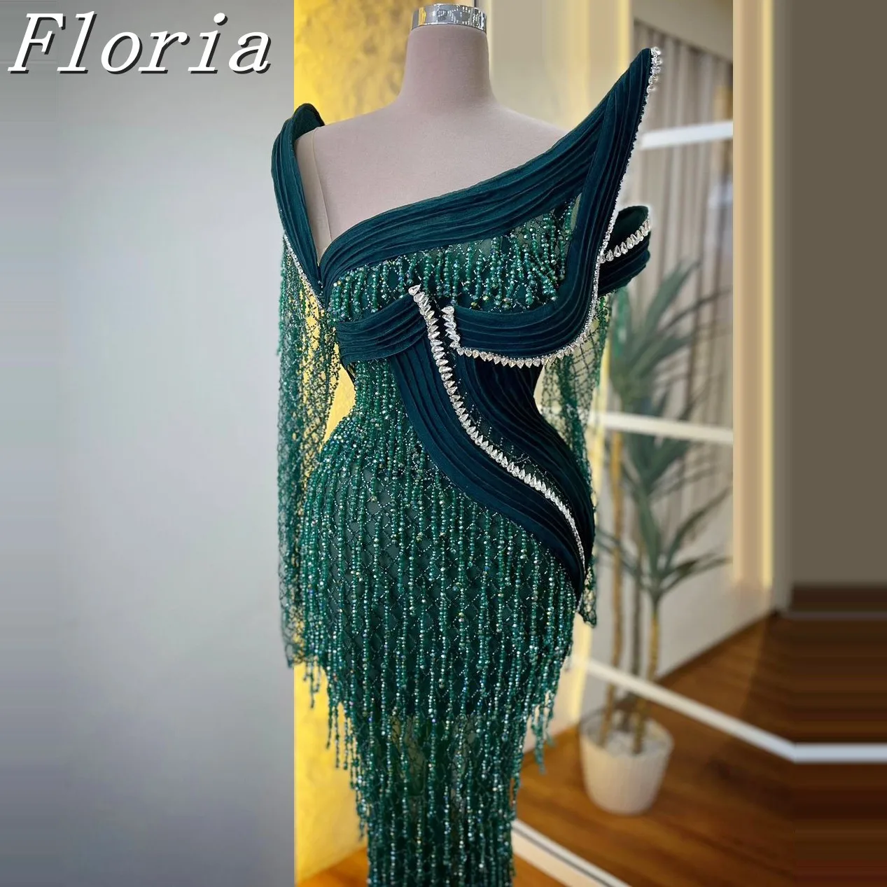 

2025 Asymmetrical Neck Pearled Tasseled Embellished Prom Dress Middle Eastern Evening Ball Gown Customizable Stylish