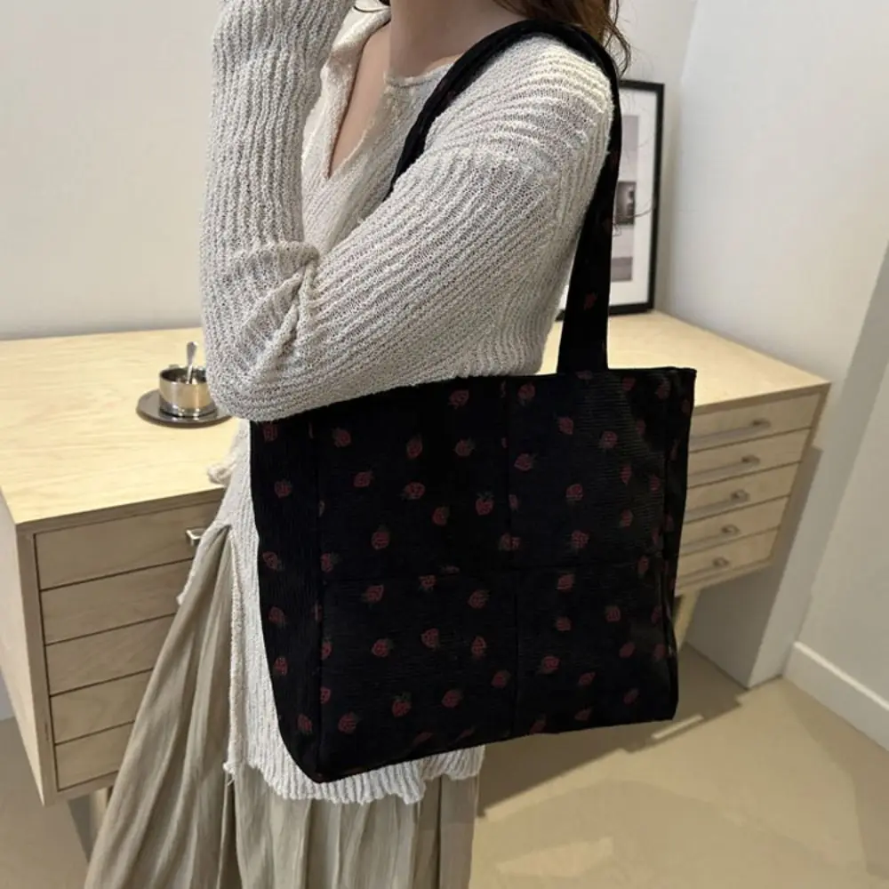 

New Strawberry Print Corduroy Handbag Portable Crossbody Handbags Spliced ​​Storage Bag Large Capacity Tote Bag