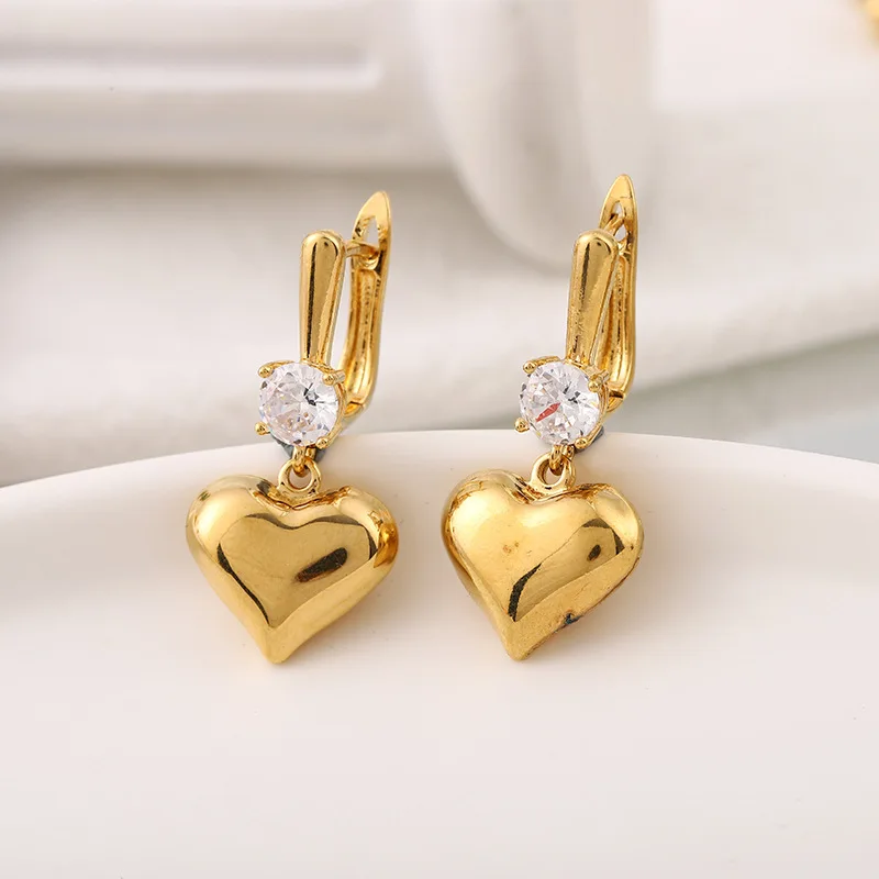 Peach Heart Pendant Cute Romantic Style Gold Stainless Steel Chain Necklace for Women's Earrings Rings Fashion Jewelry Sets