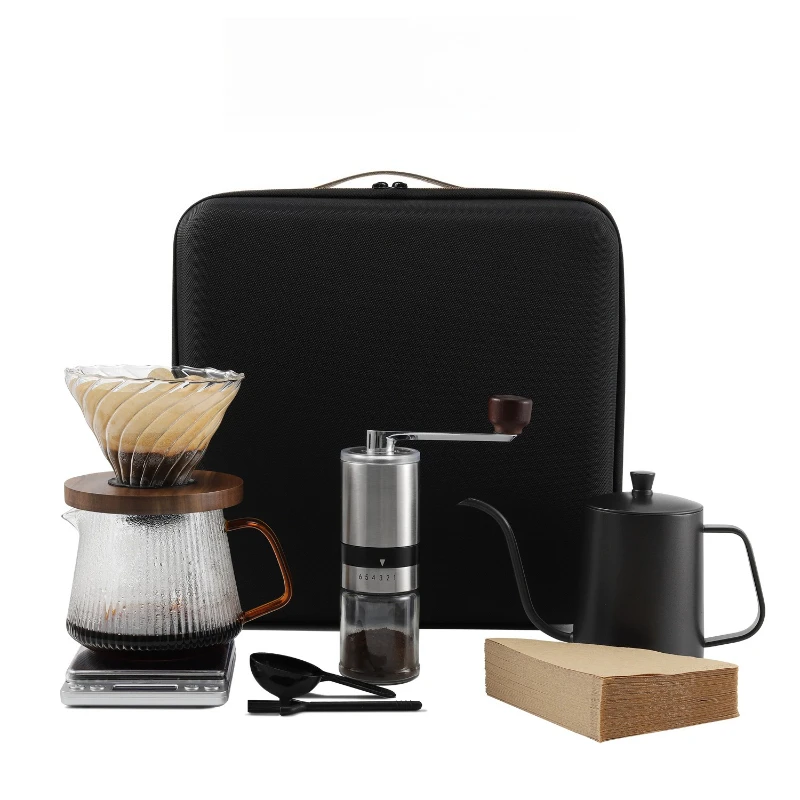 Portable outdoor travel camping hand-brewed coffee set gift box, bean grinder hand-brewed pot sharing pot electronic scale