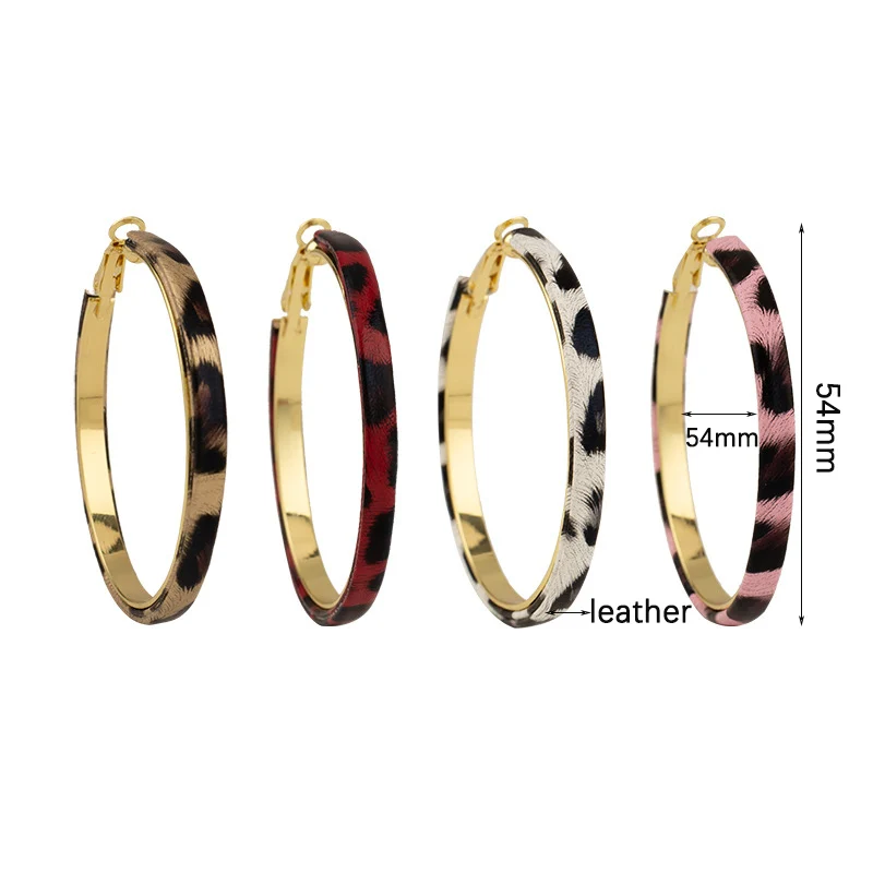 Vintage Leather Leopard Hoop Ear Clips for Women Hyperbole Geometric Fashion Big Round Non Piercing Earrings Party Jewelry