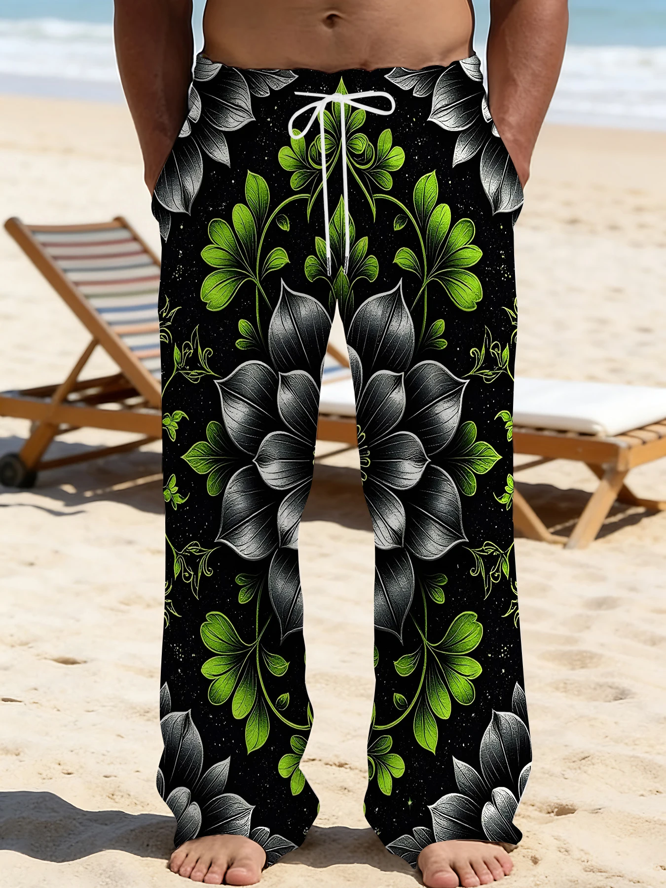 

2026 Men's Printed Straight Leg Pants Vibrant Abstract Design Drawstring Waist Loose Fit Summer Beach Casual Fashion Pants
