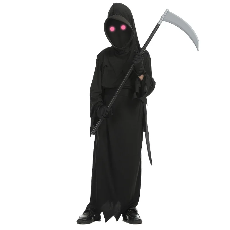 Halloween Cosplay Costume Grim Reaper effrayant squelette Costume enfants brillant yeux rouges Grim Reaper fantôme Robe envoyer des accessoires de faux