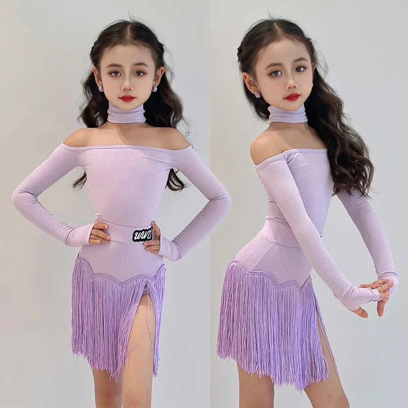 Kids Children Latin Dance Clothes 2025 Off Shoulder Purple Performance Suit Long Sleeve Bodysuit Fringe Skirt Girls Latin Outfit