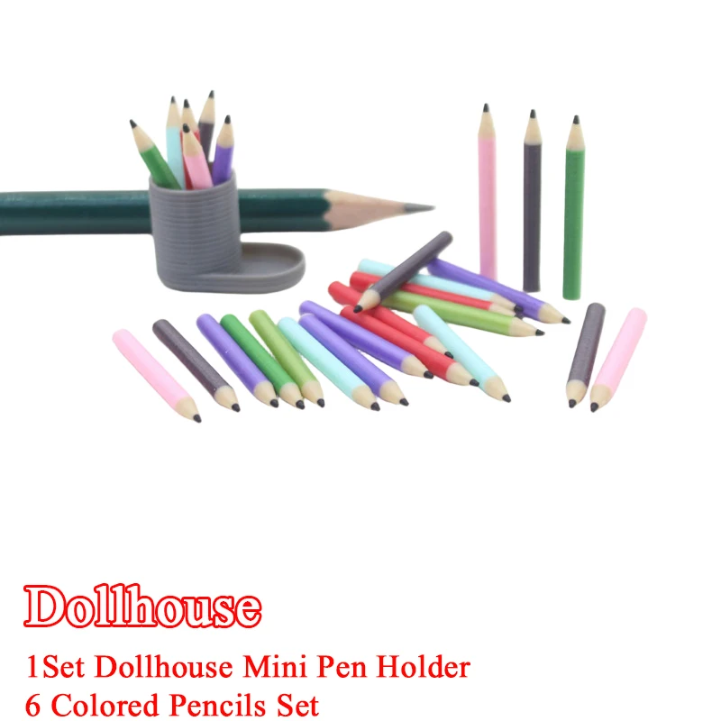 1 مجموعة 1:12 دمية مصغرة حامل قلم + 6 أقلام رصاص ملونة مجموعة دمية ديكور المنزل التظاهر اللعب دمية القرطاسية اللعب #1
