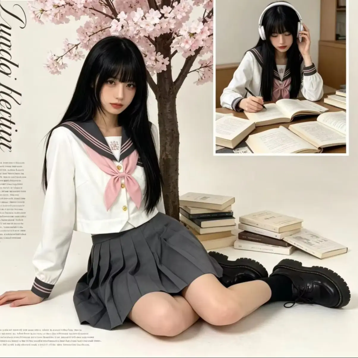 JK School Uniform, Cherry Embroidered Sailor Suit with White Body Gray Collar, Japanese College Summer Wear for Graduation Photo