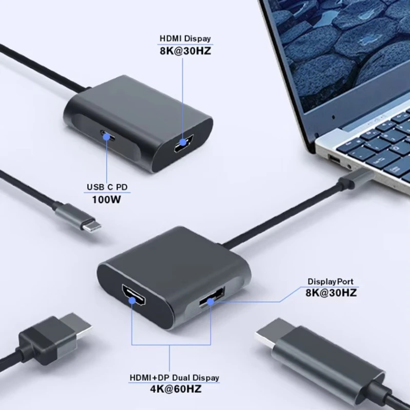 

High Quality Multiport Hub Type C to 4K 8K100W PD Charging Adapter 3 in 1