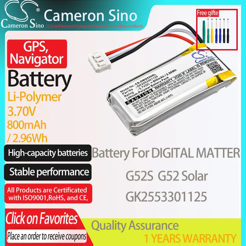 CameronSino Battery for DIGITAL MATTER G52S G52 Solar fits DIGITAL MATTER GK2553301125 GPS, Navigator battery 800mAh 3.70V Black