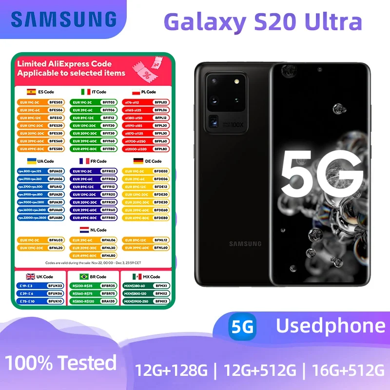 Samsung Galaxy S20 Ultra 5G G988U1 128GB Snapdragon 865 Octa Core 6.9inch 108MP&48MP 12GB/16GB RAM used phone