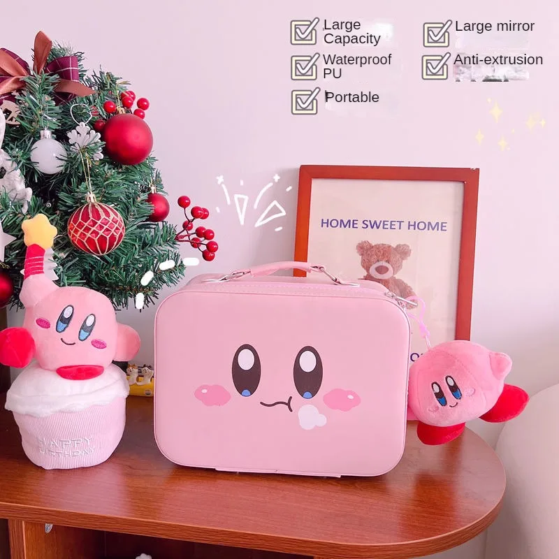 Kirby-Bolsa de cosméticos Kawaii para mujer, bolsa de maquillaje de Pu resistente al agua de gran capacidad con espejo, organizador de cosméticos portátil bonito para regalo