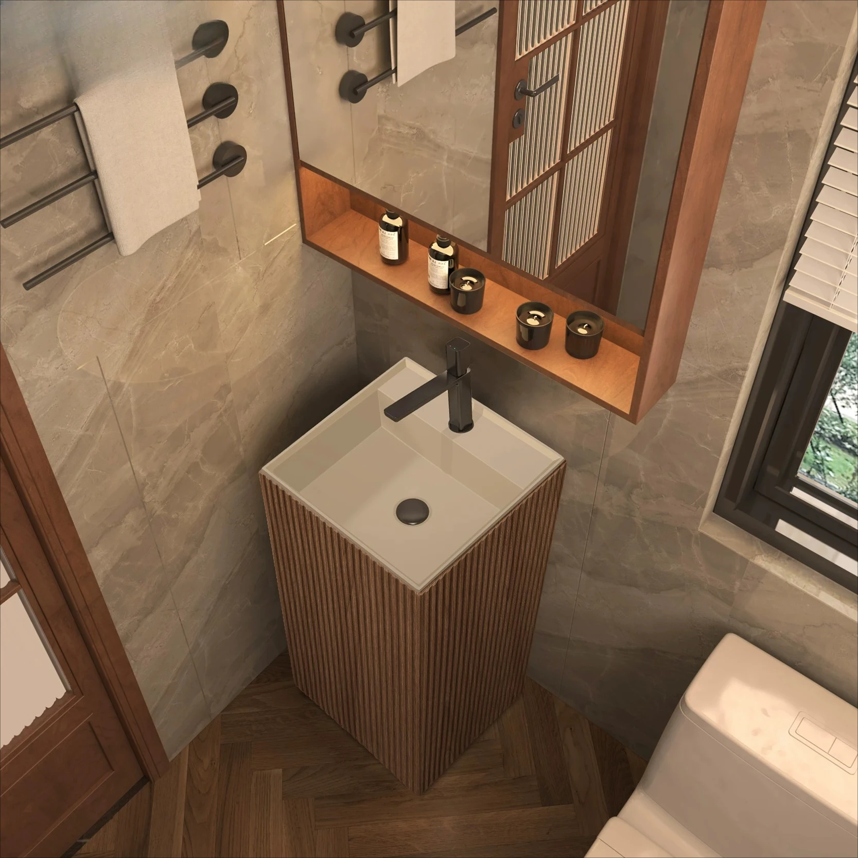 Wood Grain Striped Art Column Basin Designer Personalized And Creative Integrated Floor-to-ceiling Square Wash Basin