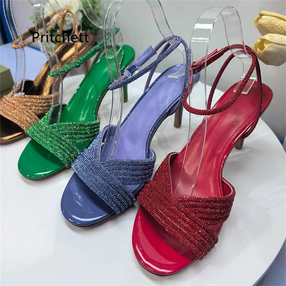 Rhinestone Cross Strap High Heel Sandals for Women Ankle Strap Thin Heels Open Toe Party Wedding Dress Summer Multicolor Shoes