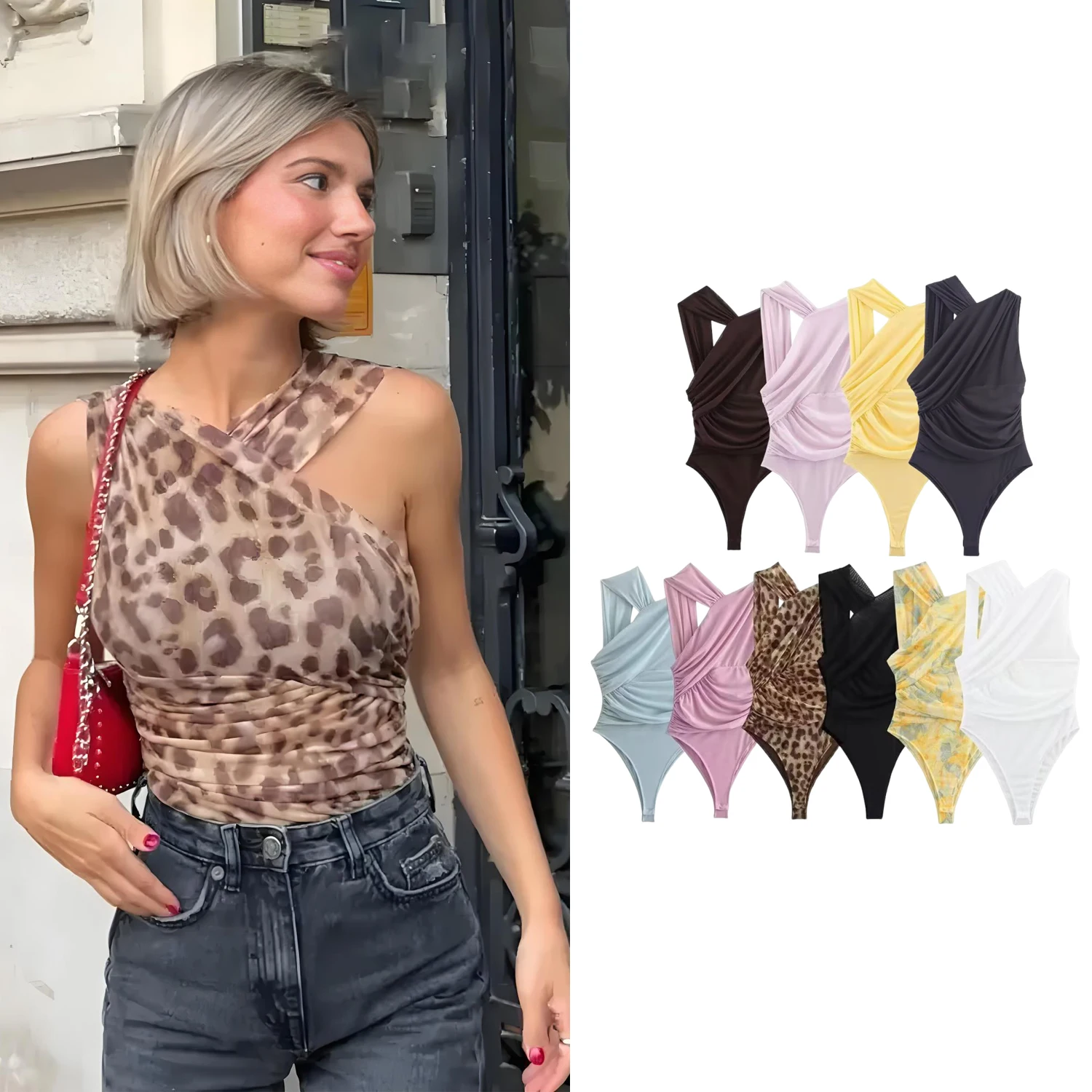 Mono de mujer con estampado de leopardo, elegante, ajustado, sin mangas, con aberturas irregulares, para verano, moda femenina, ideal para vacaciones.