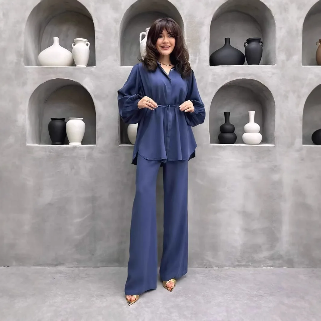 

Cross-border women's clothing 2025 new loose lace-up waist lantern sleeve shirt casual pants two pieces