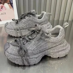 Spring Autumn Fashion New Women'S Silver Rhinestone Dad Sports Shoes Comfortable Outdoor Thick Sole Lace Up Casual Sneakers 