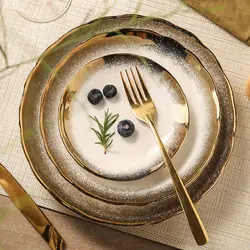 1pc Nordic gold dot wavy ceramic retro luxury high-end household hotel restaurant kitchen supplies dim sum steak dinner plate