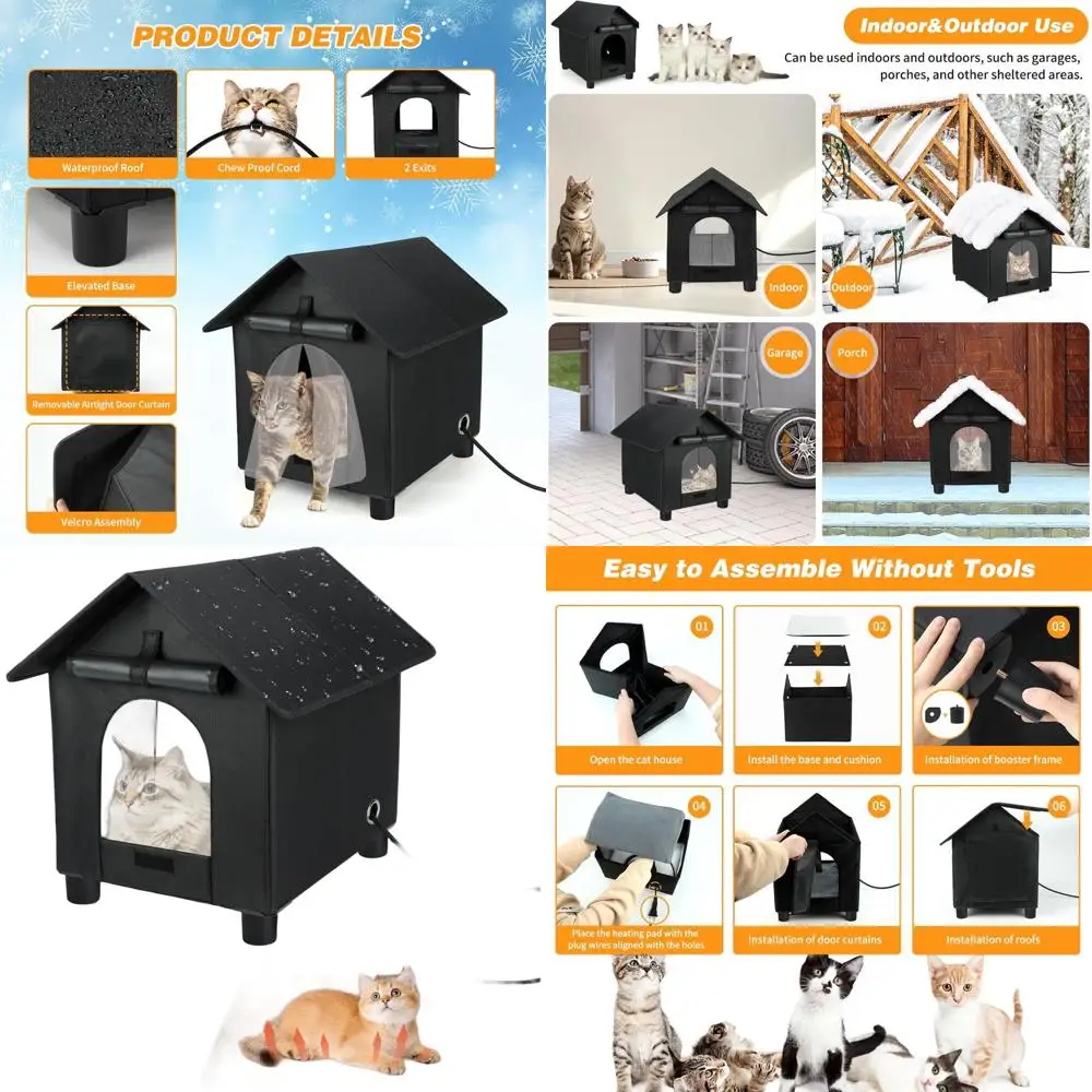 

Winter Waterproof Insulated Outdoor Cat House with Escape Door for Cats & Small Dogs (Black, Small)
