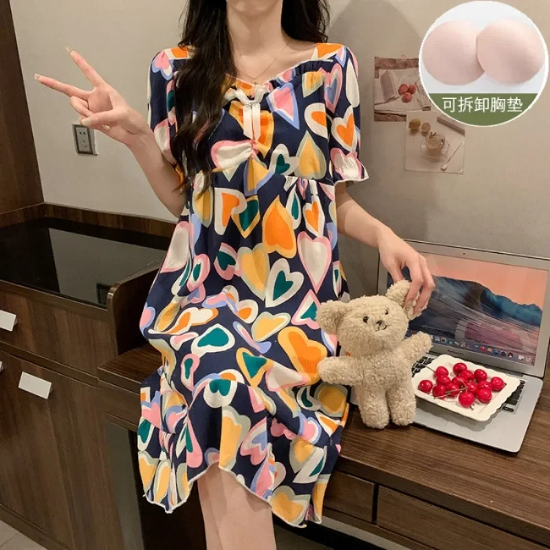 

Korean Summer Nightgown with Chest Pads Women's Print Short Sleeve Loungewear Outside Wear Ruffle Sweet Loose Mid Home Dress