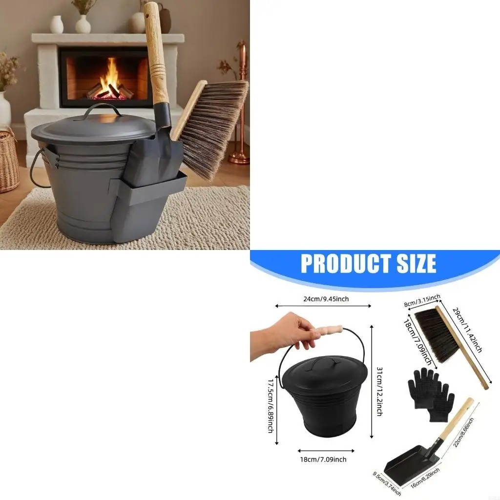 

Durability Irons Fireplaces Ashes Bucket Set with Heat Resistant Brush Shovel Gloves
