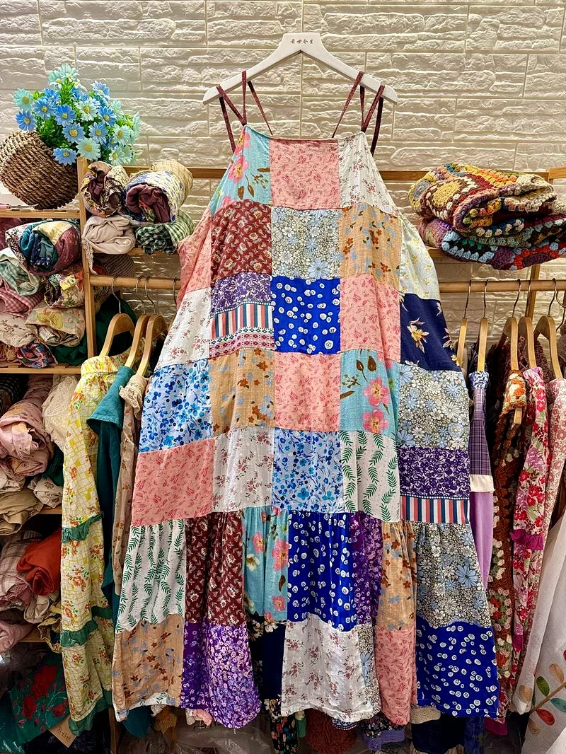 Women Vintage Patchwork Cotton Linen A-line Tunic Sundress Holiday Beach Thailand Boho Bohemian Hippie Gypsy Ibiza Long Dress