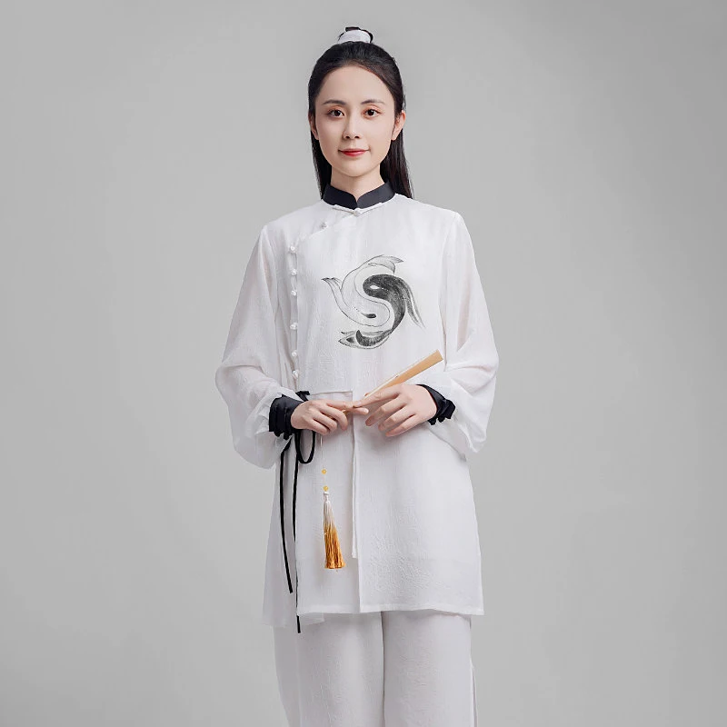 Women's Premium Hand Painted Flowy Drapey Tai Chi Uniform - Ramie Gauze Martial Arts Performance Outfit for Summer Practice