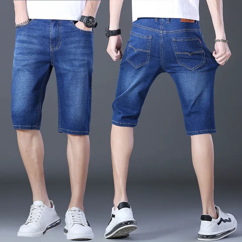 Summer Thin Men's Denim Shorts Man 5 Point Pants Breathable Loose Straight Stretch Casual Harlan Trend Adult Gentleman Fallow