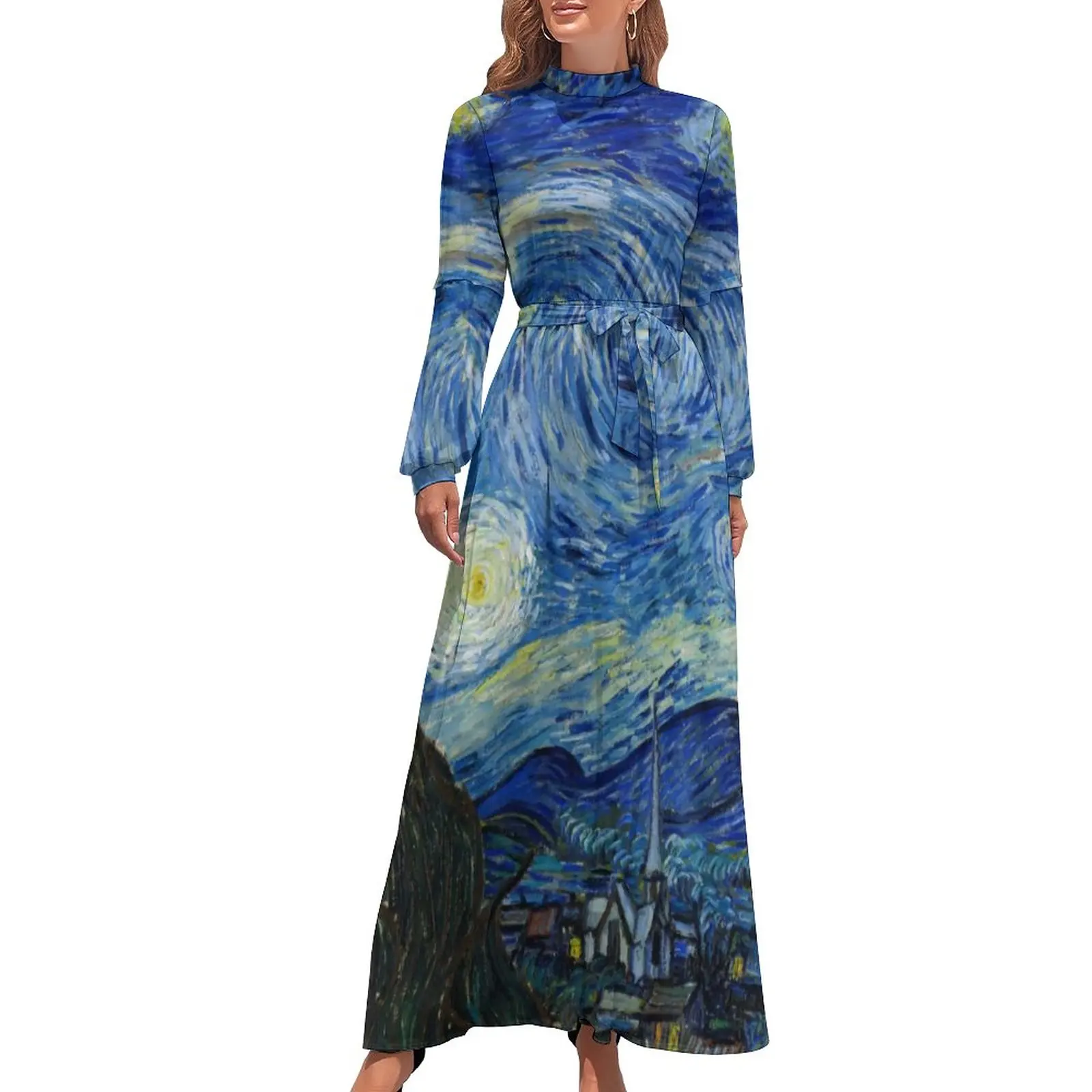 

Star Van Gogh Dress The Starry Night Impressionism Street Bohemia Dresses Women Long Sleeve High Neck Elegant Long Maxi Dress