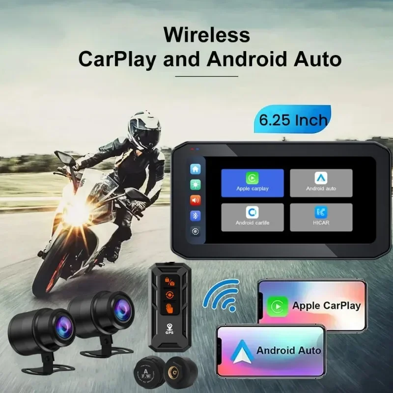 

Dual Bluetooth Wireless CarPlay Android Auto Touchscreen for Motorcycle GPS Navigation IP65 Waterproof Front Rear Lens 6.25 In