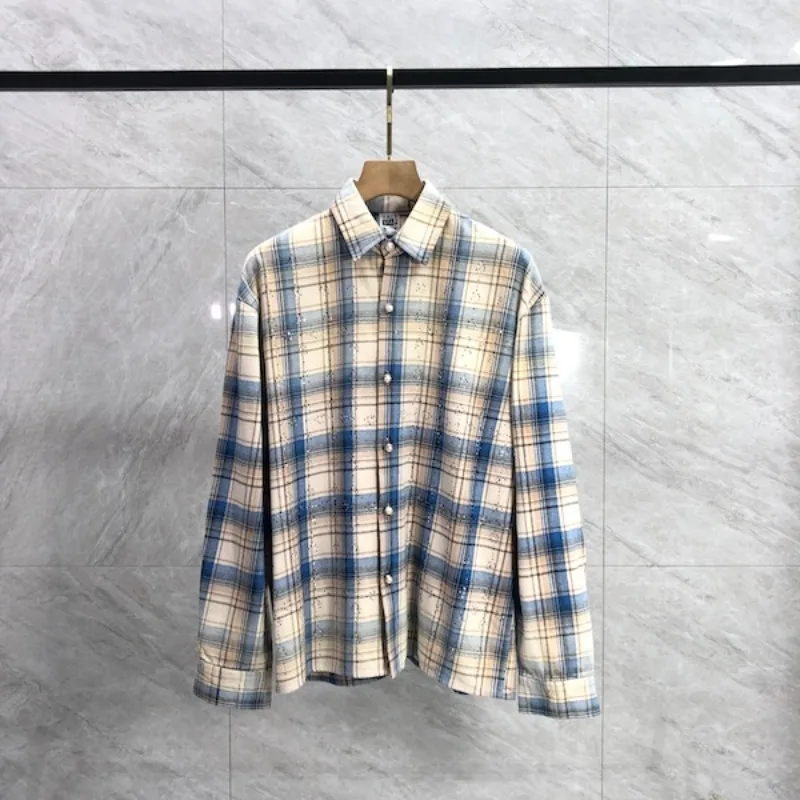 

Starry Sky Hot Diamond Logo Checkered Long-sleeved Shirts High Street Casual Men's Women's Shirt Streetwear
