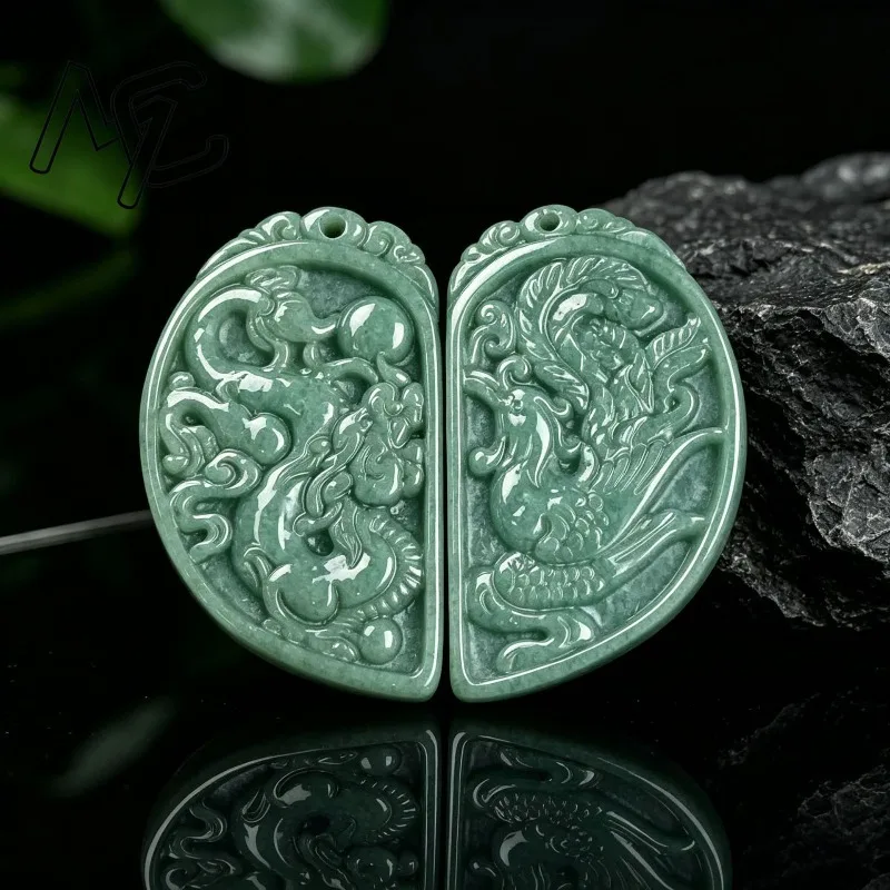 Certified A-Grade Natural Jadeite Dragon Phoenix Couple Pendant Hand Carved Burmese Jade Lucky Amulet Necklace Jewelry Gift - view 4