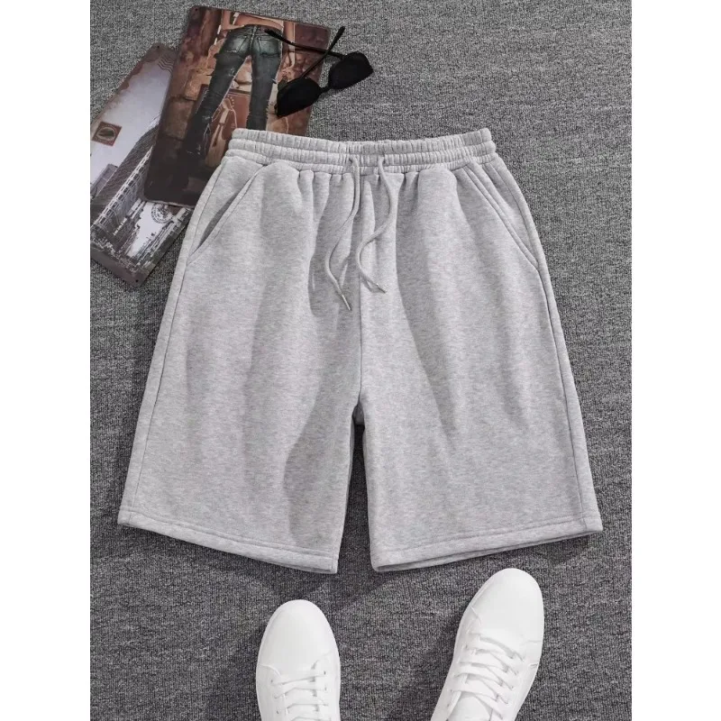 Four season nuevo color sólido gris suelto algodón hombres casual cordón cintura deportes pantalones cortos hombres pantalones cortos de gimnasio