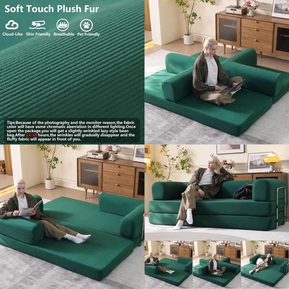 

Зеленый раскладной диван-кровать 79 с цилиндрической подушкой, обивкой из вельвета и напольным диваном-лежаком нестандартной формы для гостиной