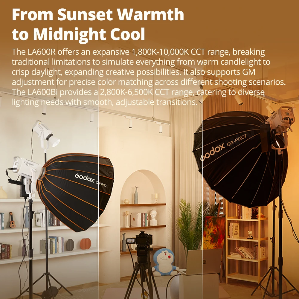 تدعم مصابيح الفيديو Godox LA600R وLA600BI 600w RGB بالألوان الكاملة LED COB أوضاع متعددة بما في ذلك HSI/RGBW/GEL/FX