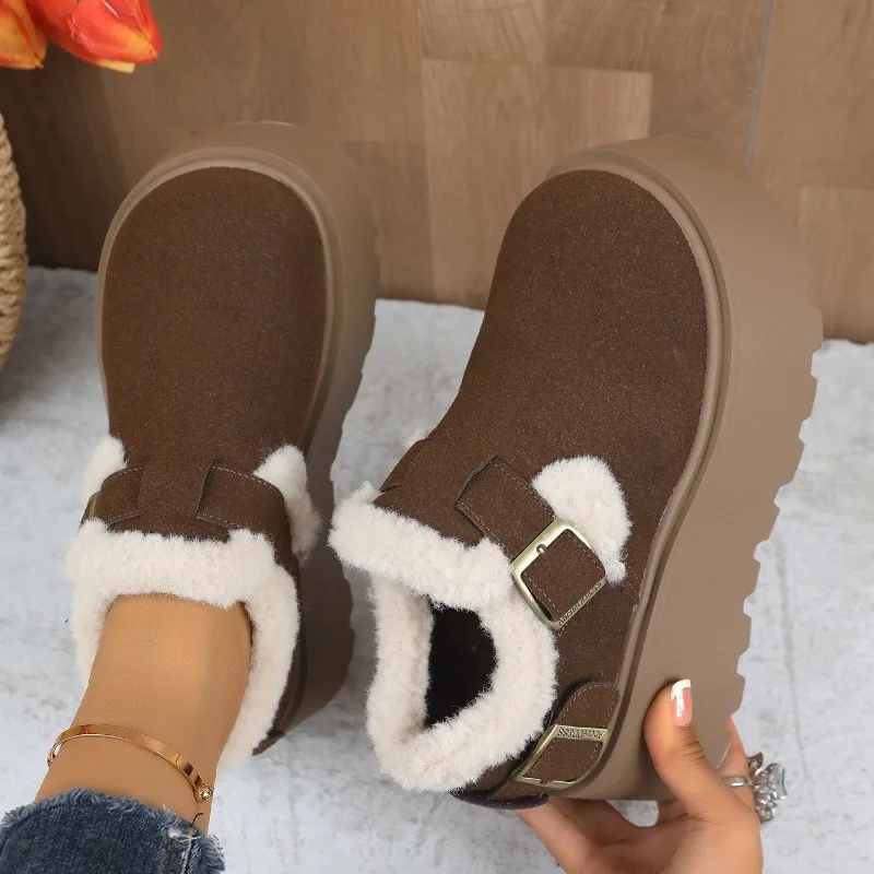 

Зимние женские плюшевые ботильоны 2024, новая замшевая дизайнерская обувь, теплые повседневные нескользящие зимние ботинки на высоком каблуке без шнуровки на толстой подошве